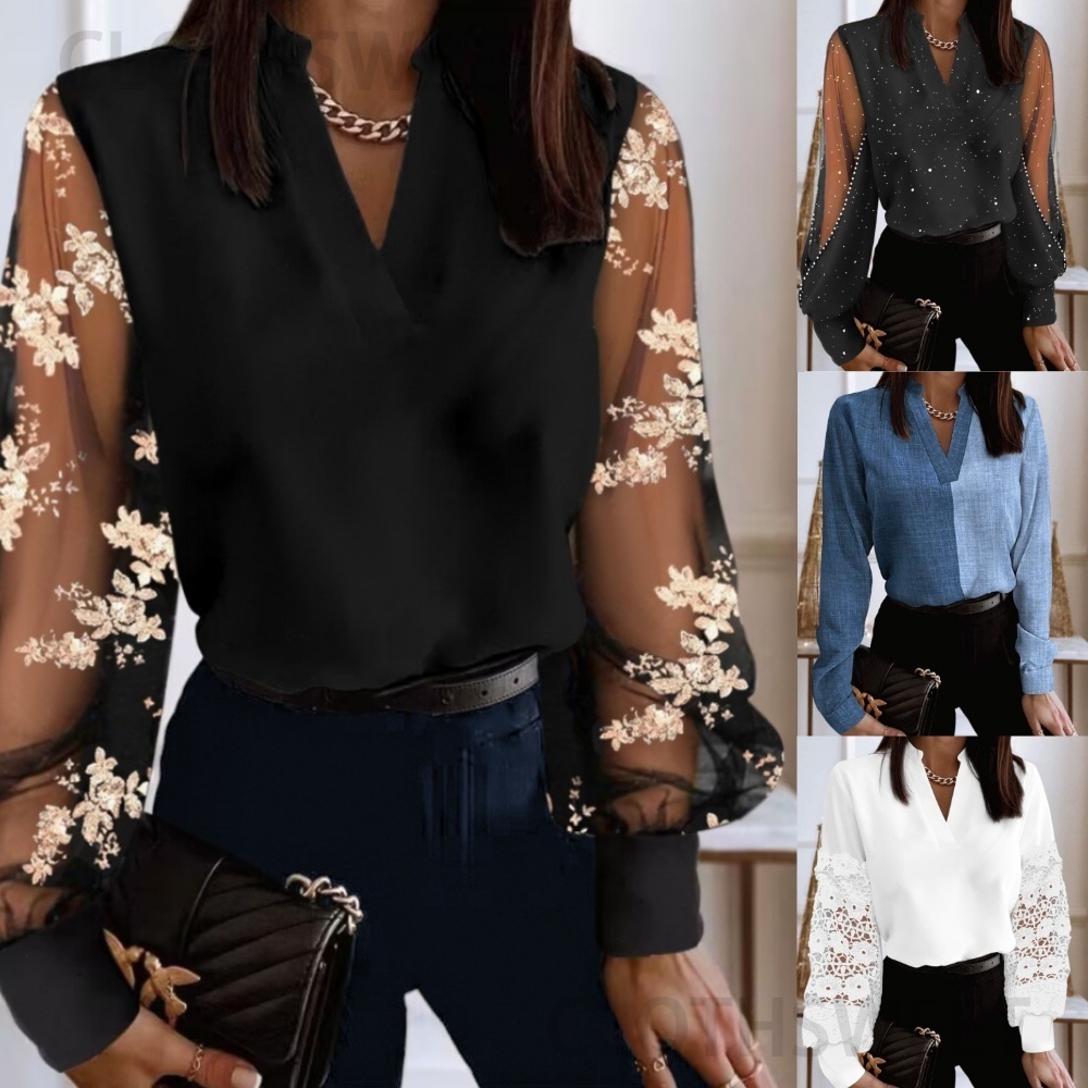 2023 autumn and winter new fashion V-neck lace long sleeved shirt womens shirt