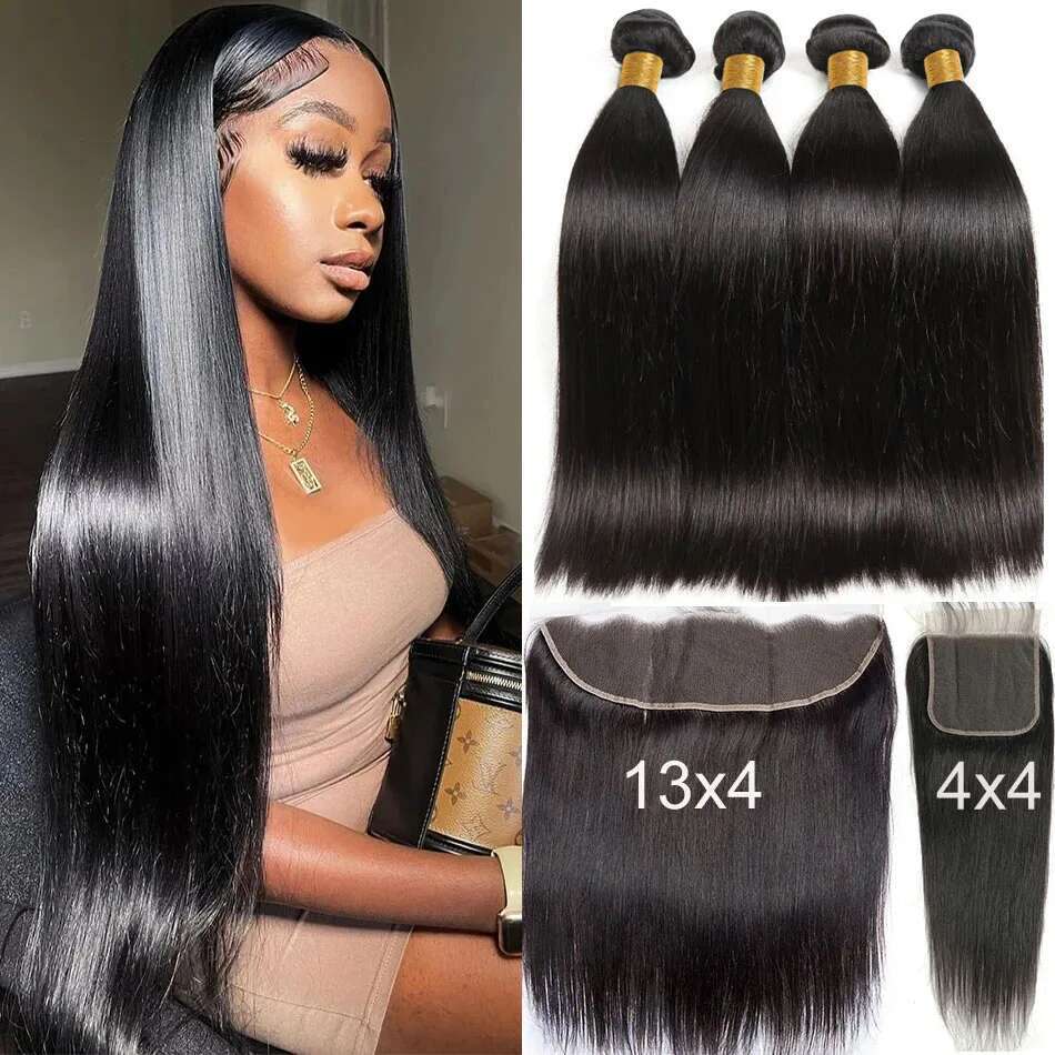 Bone Straight Human Frontal 30 32 Inch Virgin Weave Bundles With Closure Remy Hair Extensions