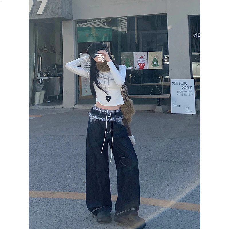 Womens casual retro plain patchwork denim Trouser Harajuku loose jeans spring deep blue high waisted Y2K 2000s pants 250422