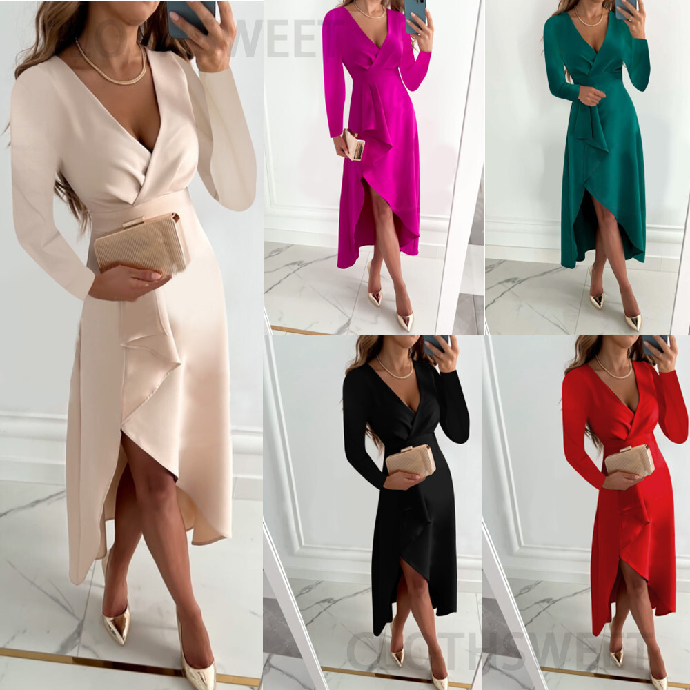 Autumn/Winter 2022 Long sleeve V-neck crinkle hem split dress for women