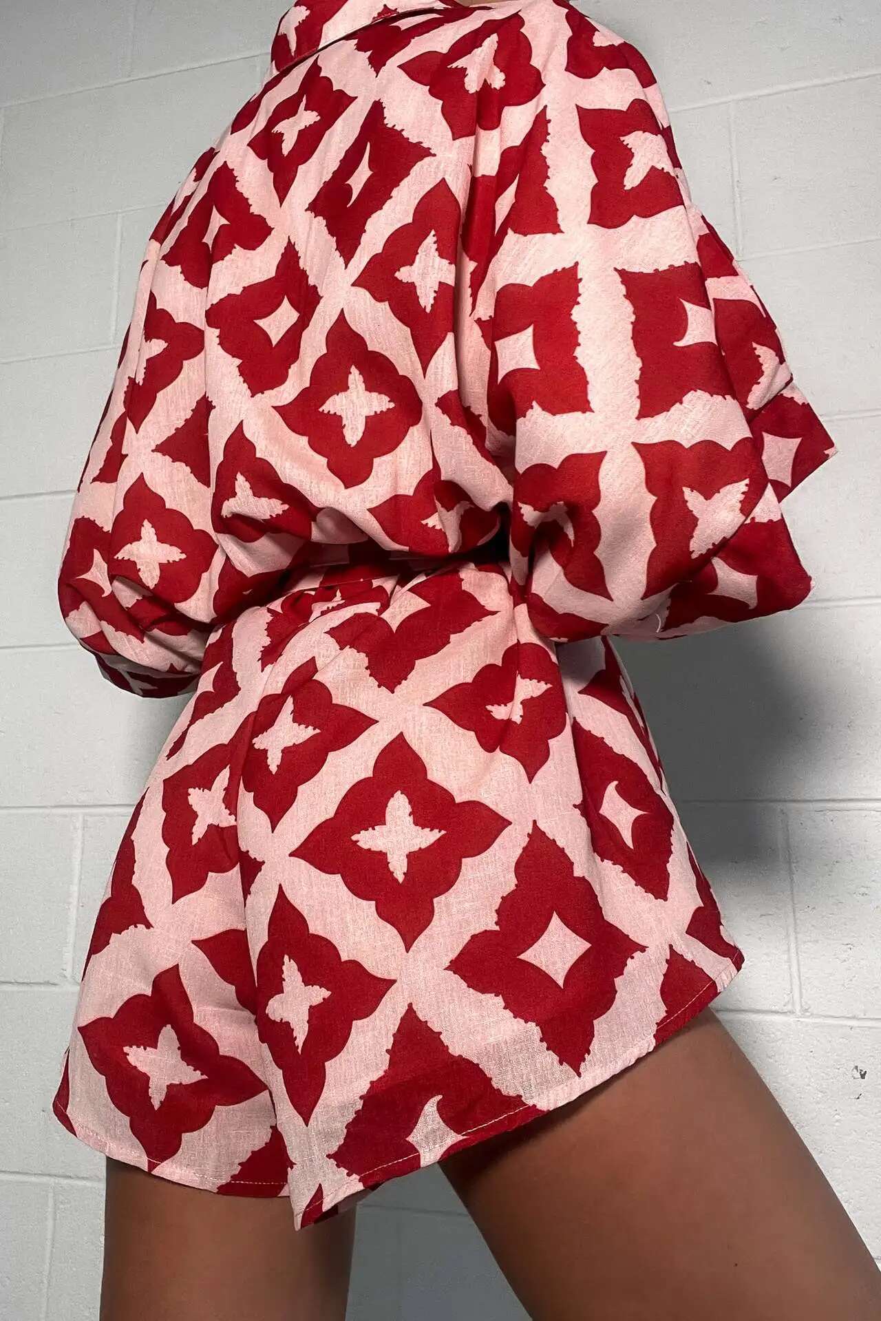 2024 New Autumn Women Casual Strap Jumpsuit Red Print Bow Tie Turndown Collar Loose Bodysuit Sexy Outfits Streetwear