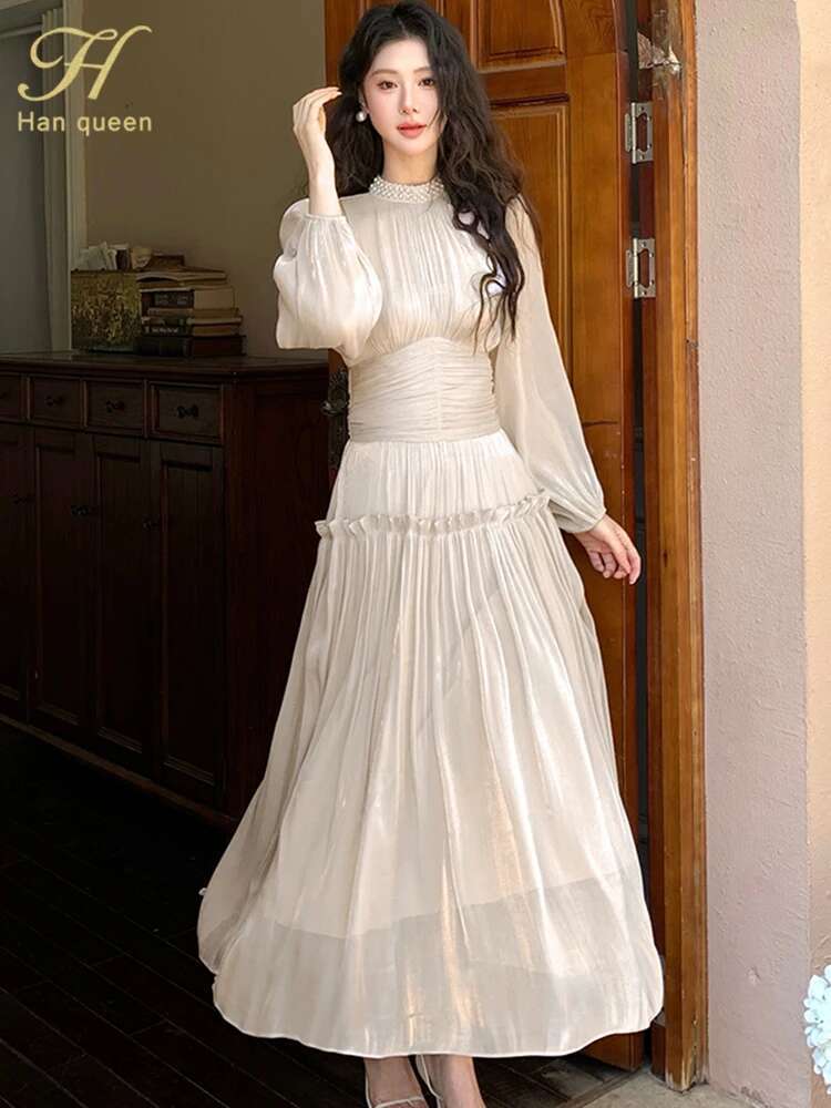 H Han Queen Spring Pleated Waist Cinched Long Bubble Sleeve Dress A-Line Casual Nail Bead Vintage French Style Party Dresses