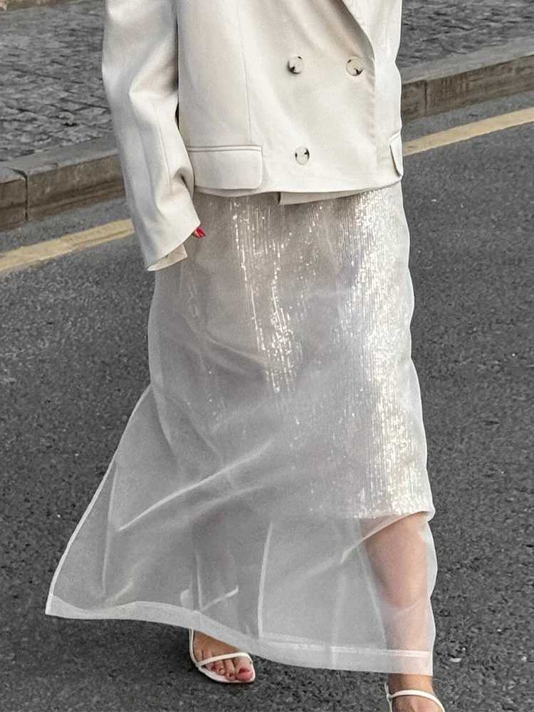 Trendix Sexy See Through Mesh Skirt Women White High Waist Seam Loose Leather Autumn Street Fashion Club Party Skirt Women M250424