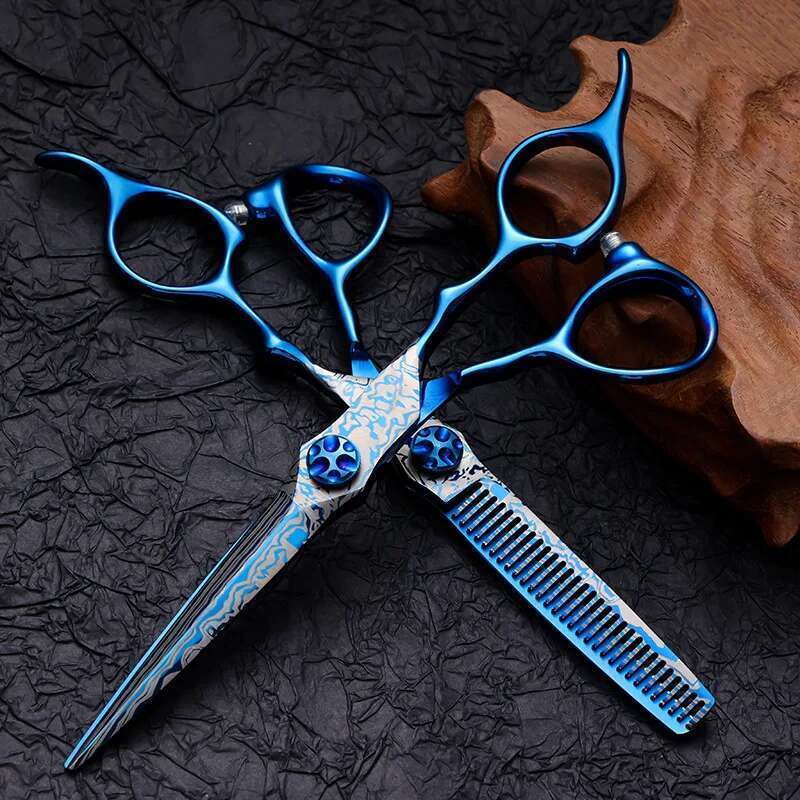 6-Inch Blue Professional Hairdresser Scissors Set Seamless Flat-Toothed Bangs Texturing Thinning Layering Hair Cutting