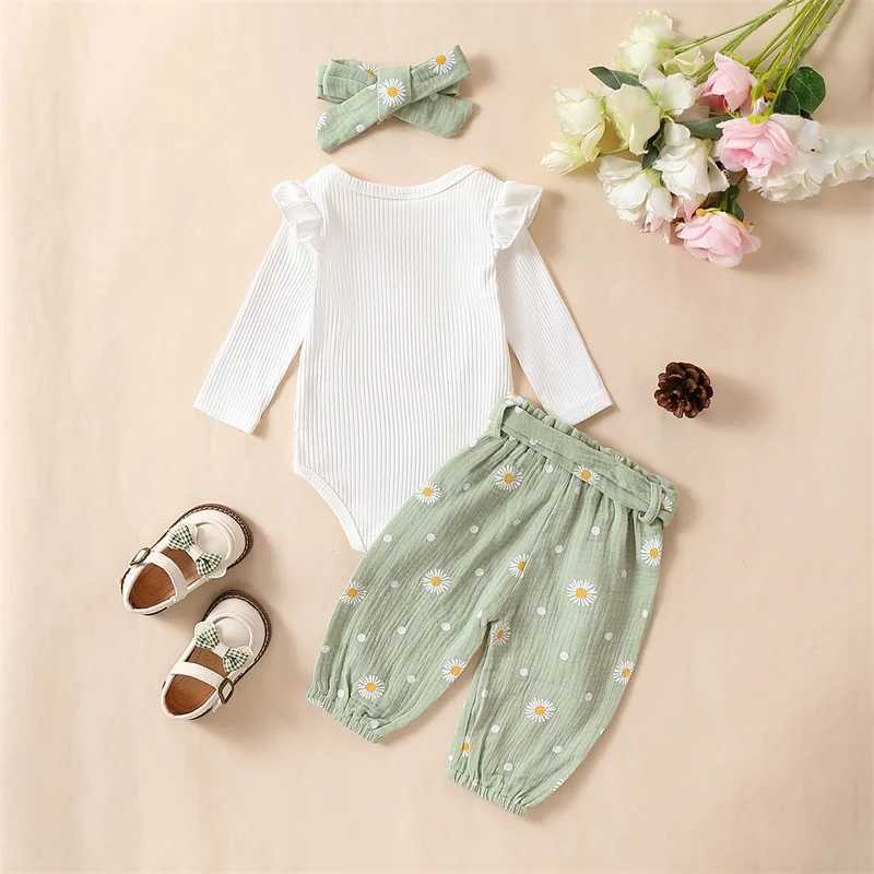 Clothing Sets 2023-11-03 Lioraitiin 0-24M Baby Girl Print Outfit Solid Ribbed Ruffle Romper Long Sleeve Pants Headbands Clothes Set R250424