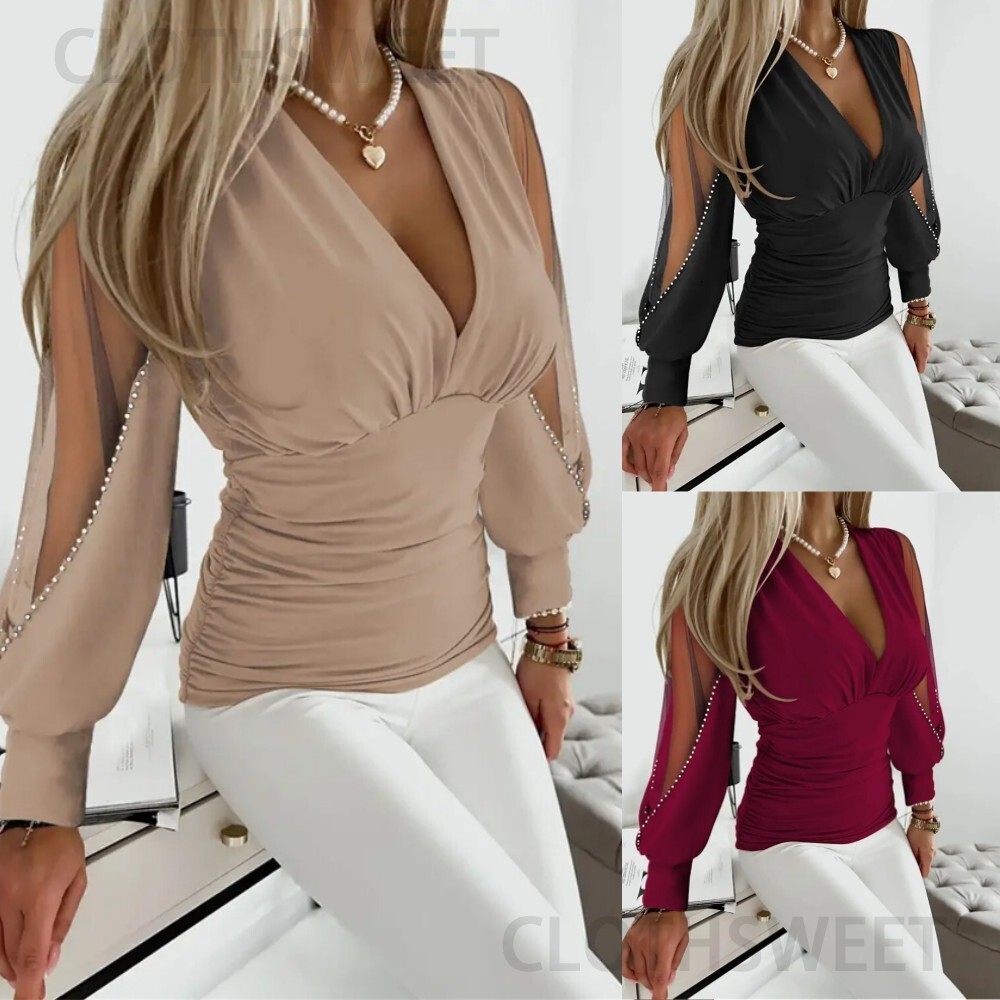 2023 autumn long sleeved fashionable V-neck solid color womens shirt womens clothing