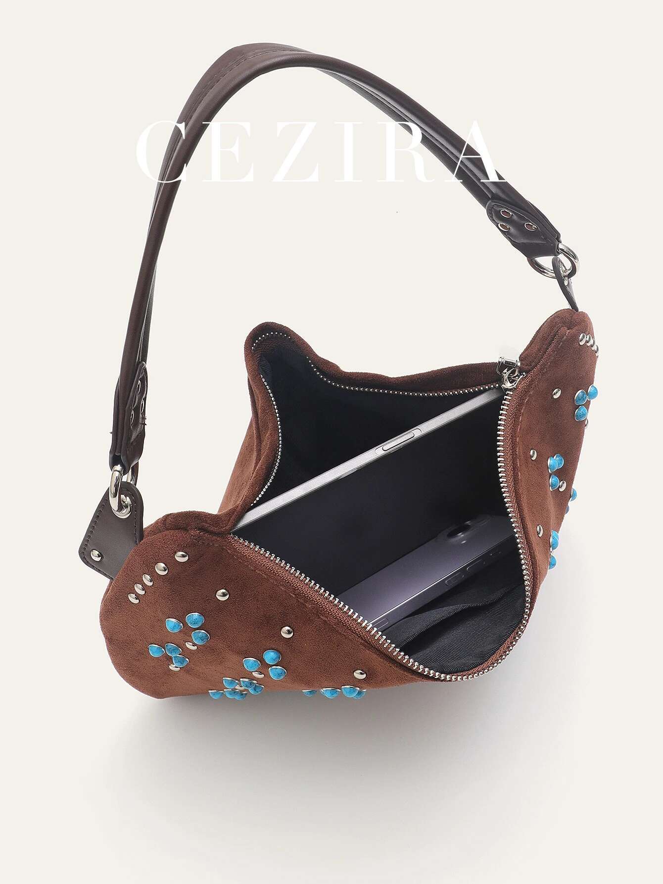 Bohemia Retro Tribal Style Women's Faux Suede Fabric PU Vegan Leather Patchwork Studded Beads Decor Half-Moon Hobo Shoulder Bag