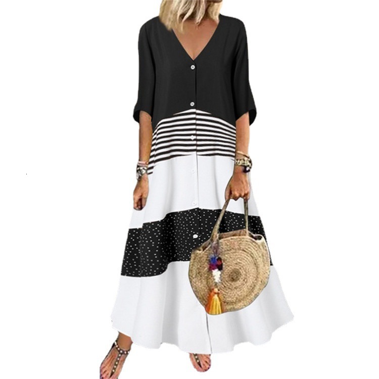 2022 summer new V-neck short sleeve printed long dress button casual skirt