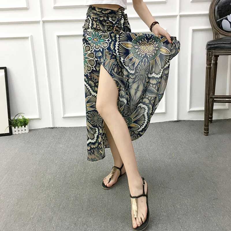Fashionable chiffon womens floral printed shoulder strap integrated beach skiing summer high waist bag floral long belt seam M250424