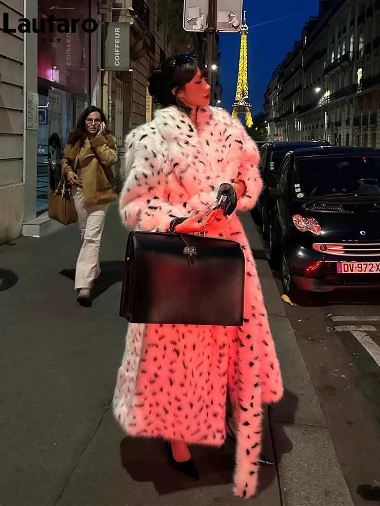 Lautaro Winter Extra Long Thick Warm Colorful Polka Dot Soft Fluffy Faux Fox Fur Coat Women Sashes Loose Furry Overcoat 2023 J251124