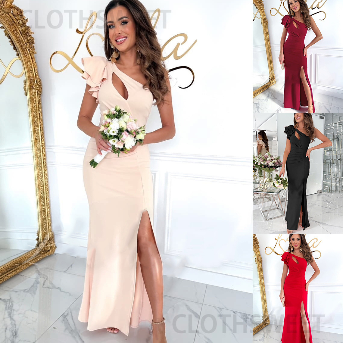2025 New Summer Solid Color Simple and Sexy Off Shoulder Split Dress for Women