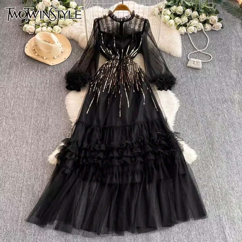 TWOTWINSTYLE Spliced Ruffles Midi Dresses For Women O Neck Long Sleeve High Waist Evening Party Dress Female Fashion Kdr524944