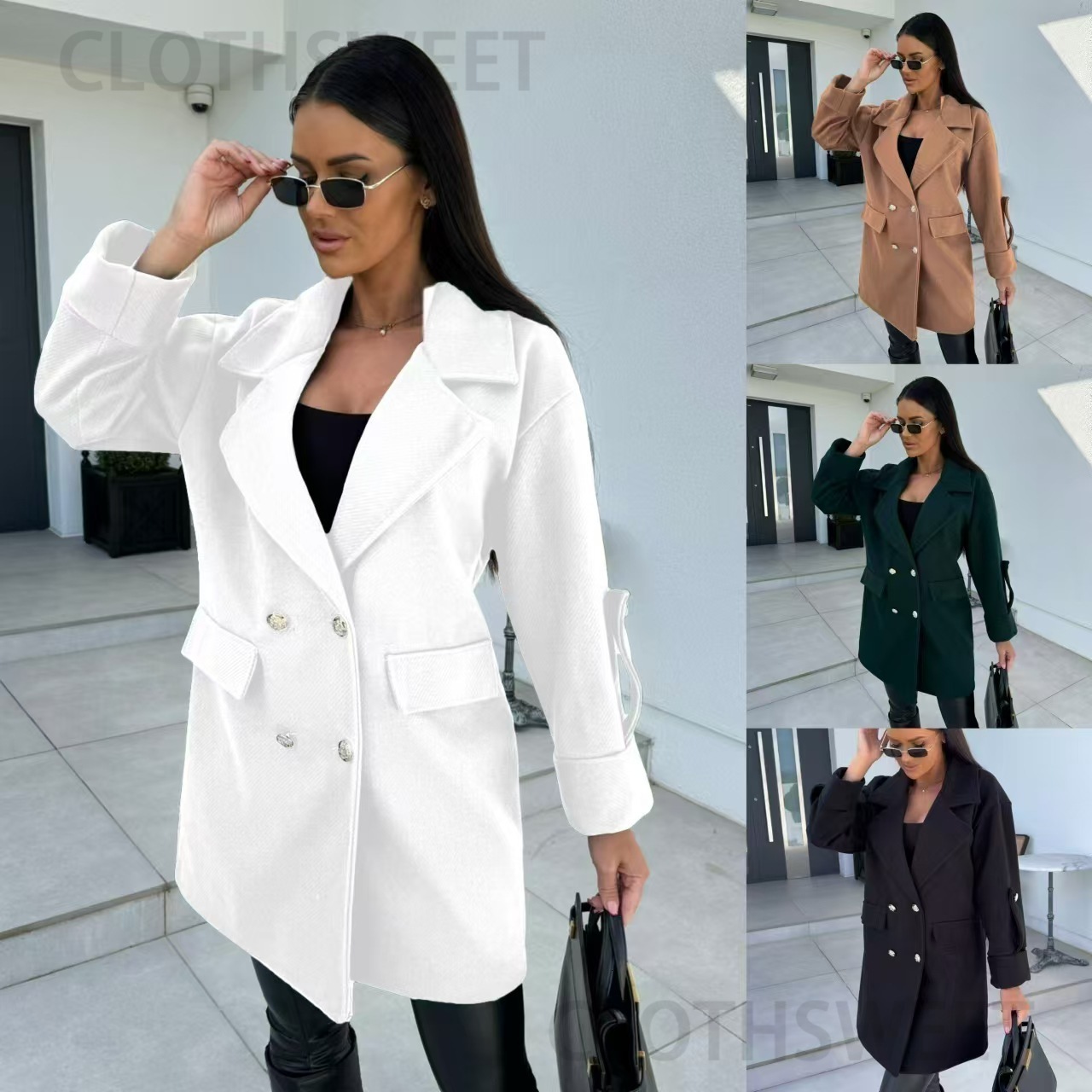 2024 Winter Solid Color Fashion Versatile Double breasted Woolen Coat Womens Wear