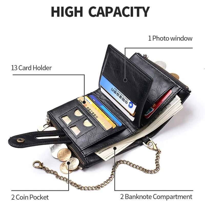 Designer Bag 2025 Theft Men's PU Leather Retro Style Short Bifold Zipper Wallets Credit Card Coins Storage With Anti Loss Chain Wallet Luxury Bag