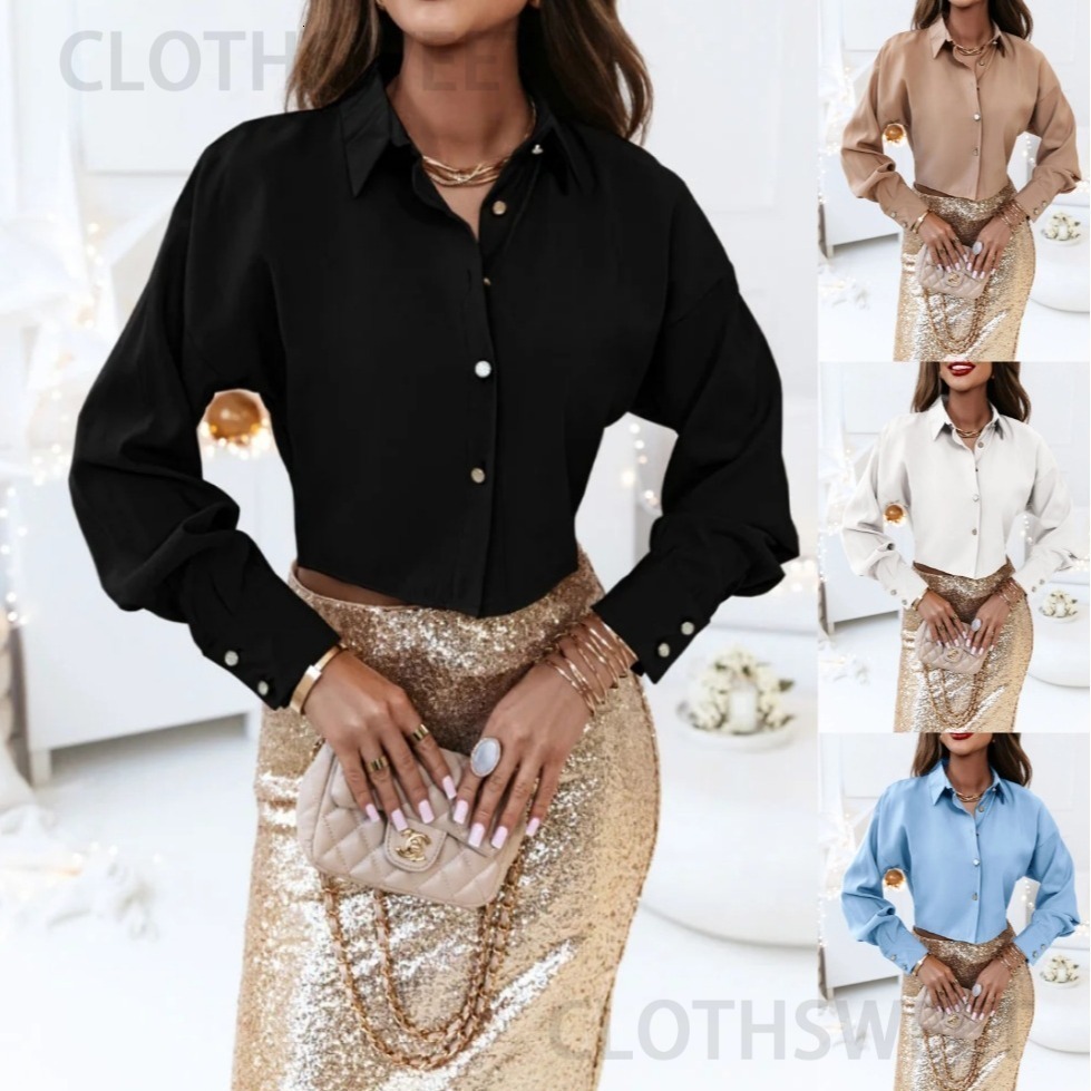 2023 autumn long sleeved simple solid color V-neck womens shirt womens clothing
