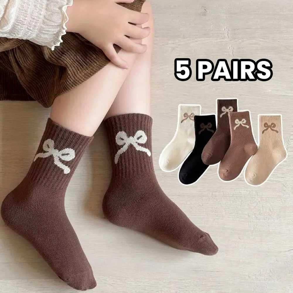 5 pairs childrens high-elasticity solid-color sports socks with bowknot patterns suitable for autumn and winter G251124
