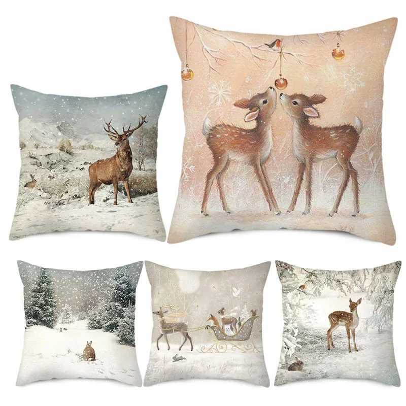 Home decoration in the snow forest elk Christmas print pillowcase bedroom living room sofa decoration pillowcase cushion cover G251124