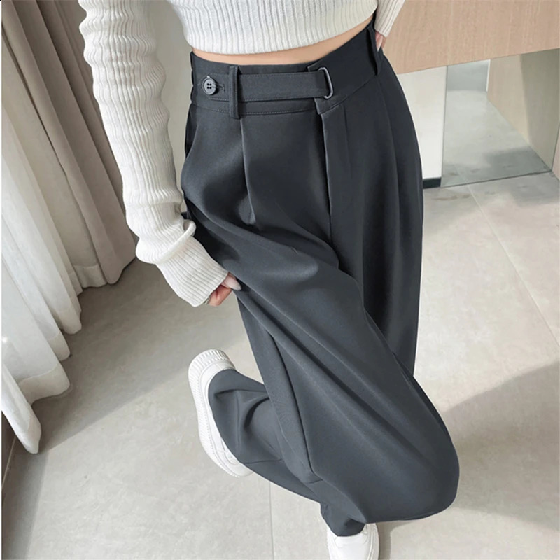 High Waist Button Suit Wide Leg Womens Full Pants Spring Autumn Red Female Elegant Minimalism Straight Loose Trousers 250421