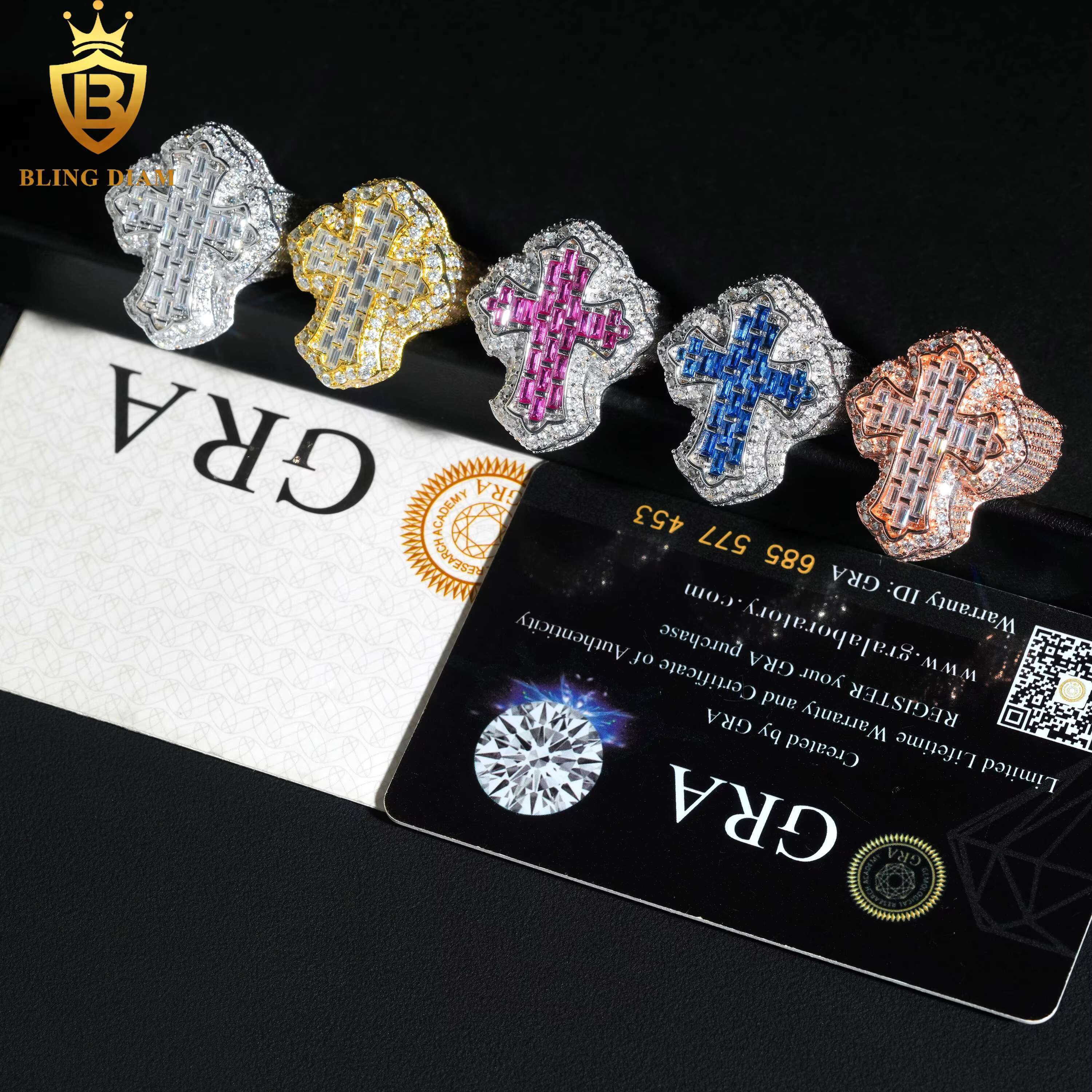 HipHop Style Jewelry Mens Ring Fully Diamond Colorful Moissanite Iced Out 925 Silver Cross Ring