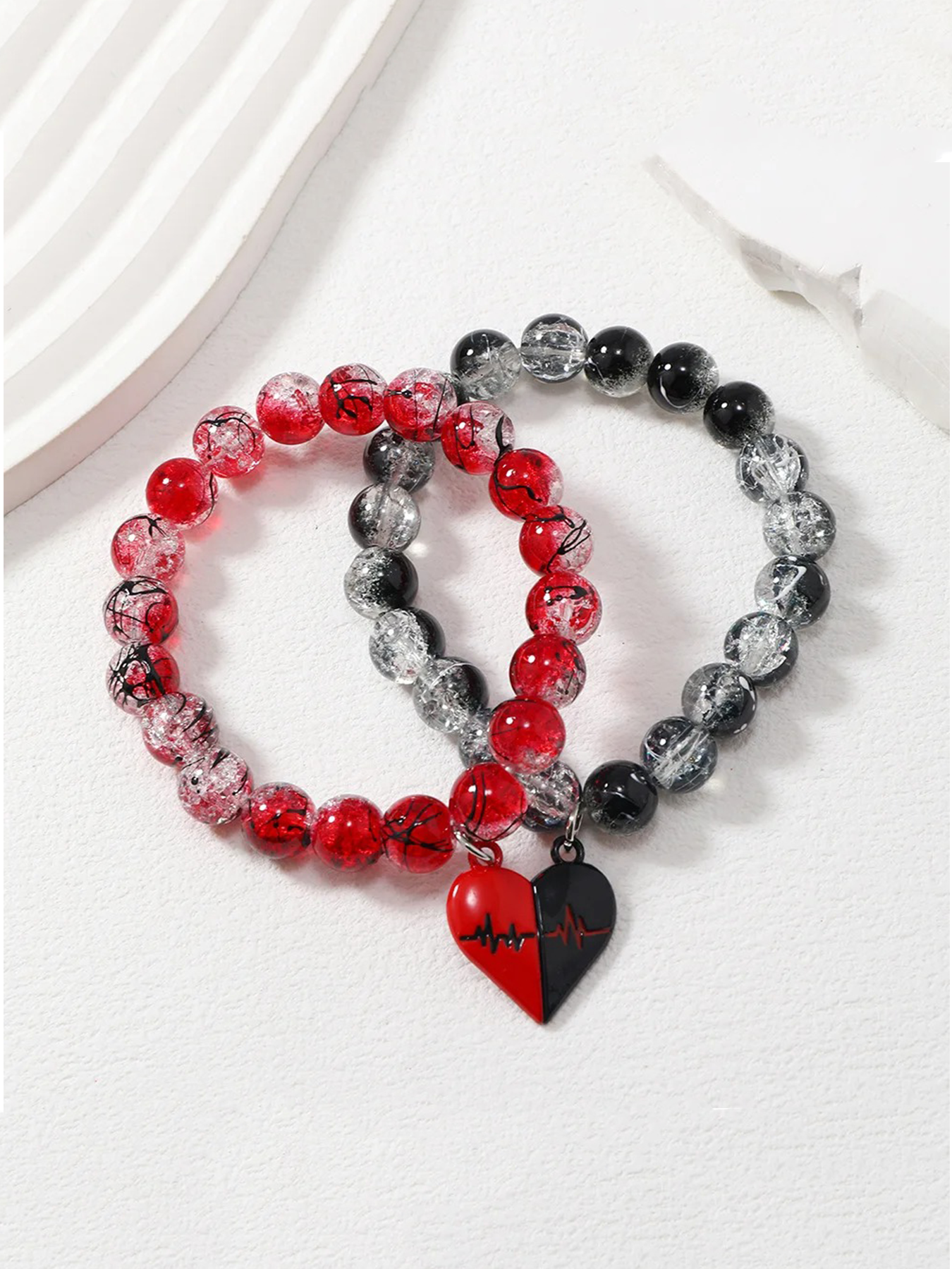 Couple - style Crackle Glass Bead Bracelets with Heart - shaped Pendant