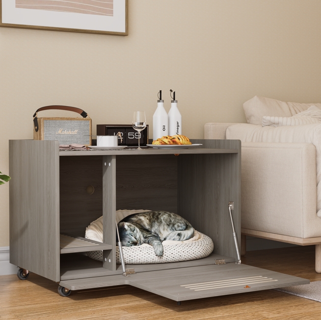 Gray Cat Litter Box Enclosure, Furniture with top side fence,Wooden Pet House Side End Table, Storage Cabinet Bench for Living Room,,Bedroom, Fit Most