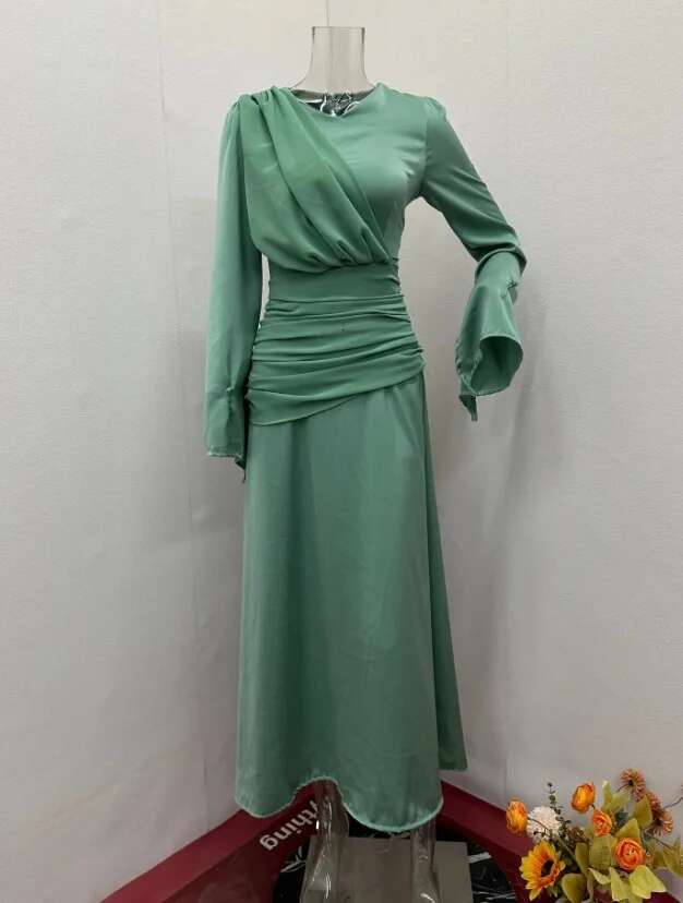 VGH Temperament Solid Pleated Long Dresses For Women V Neck Flare Sleeve Spliced Crisscross Lace Up High Waist Slim Dress Female