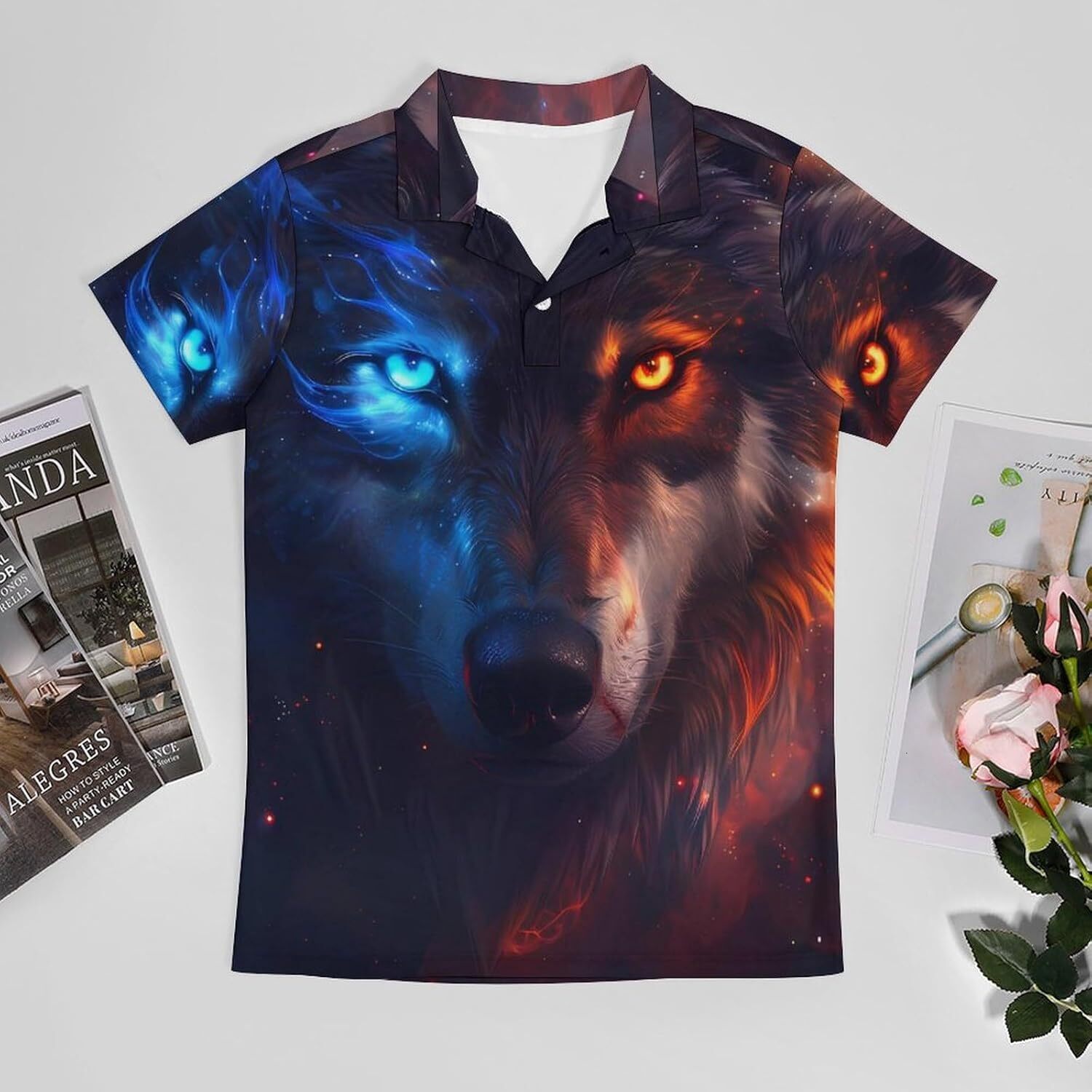 Mens Polo shirt Wolf with Blue And Orange Eyes Print Polo Shirts for Men Golf Shirt Casual Short Sleeve Tops Slim
