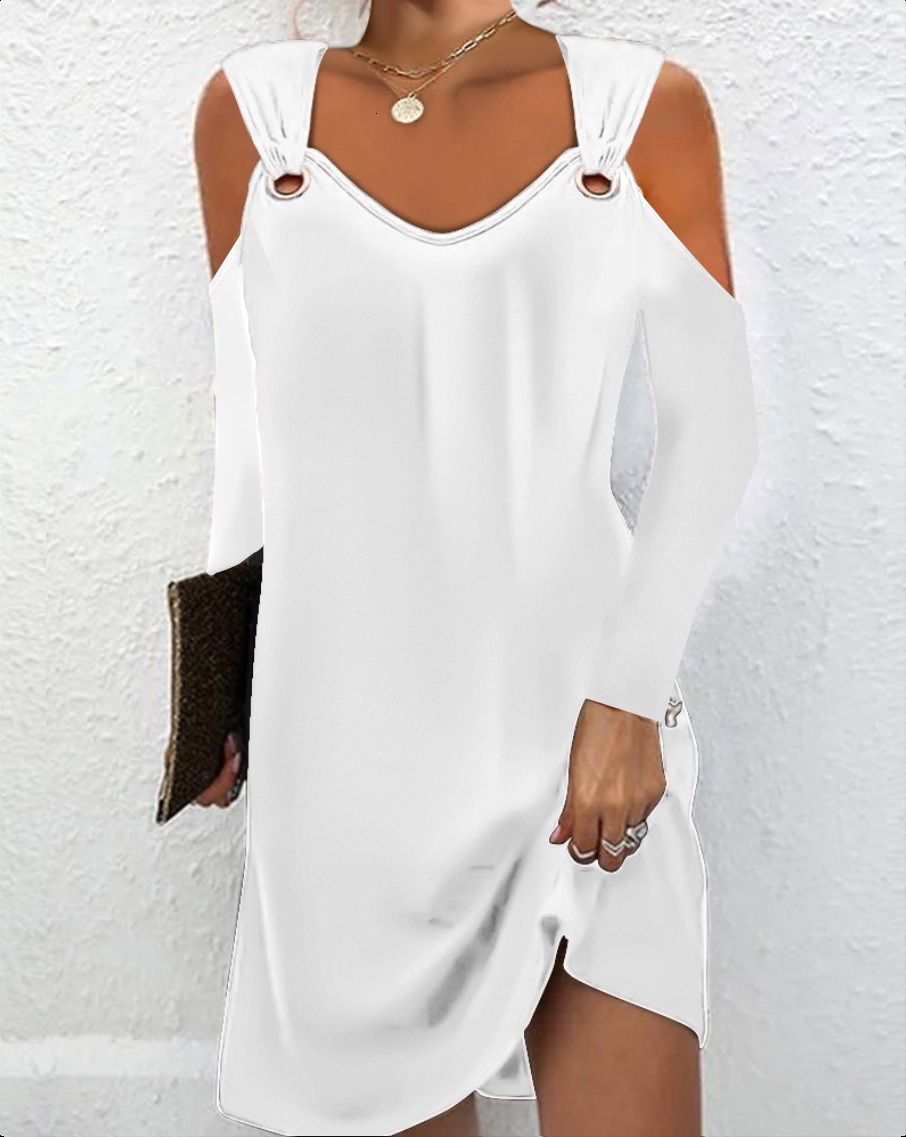 2023 Autumn Simple Solid Color Metal Button V-neck Button Dress for Women