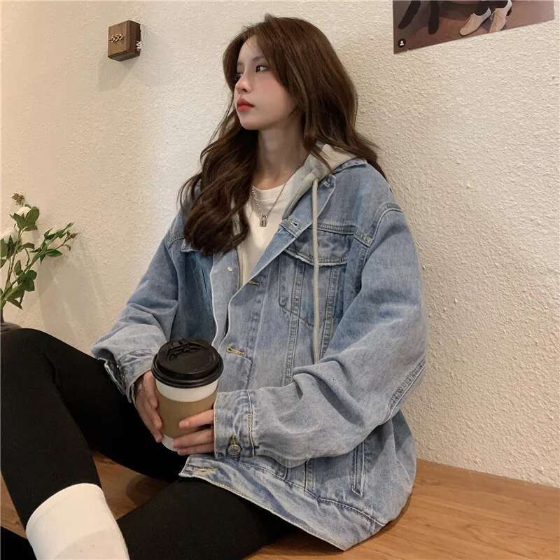 Designer Clothes Women's Hooded Denim Jacket Spring Fall Collection Light Wash Korean-Inspired Oversized Casual Coat Trendy Streetwear Top