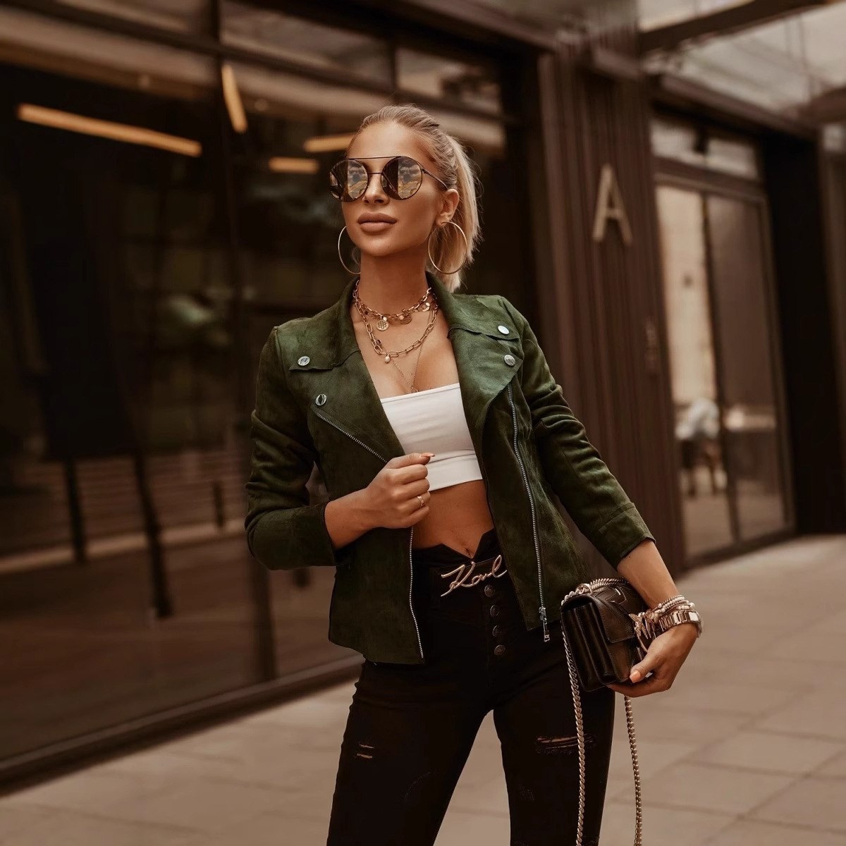 2024 WSIH autumn and winter solid color slim fit diagonal zipper lapel short jacket for women