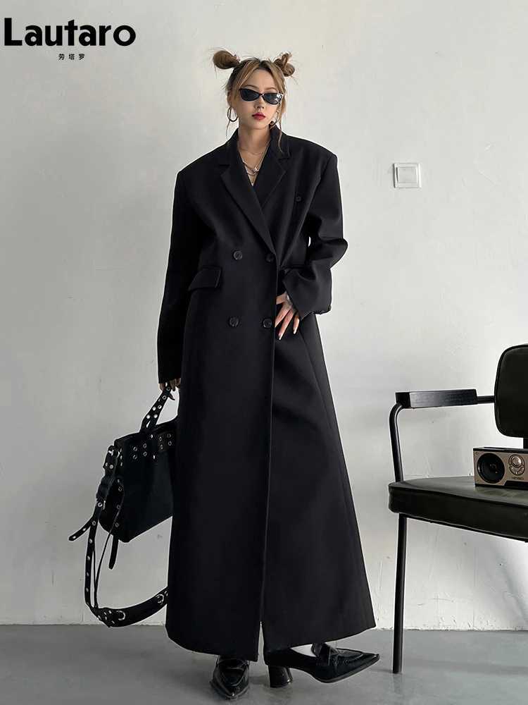 Lautaro Spring Autumn Long Grey Black Trench Coat for Women Double Breasted Loose Casual Korean Fashion Clothing Blazer 2023 J251124