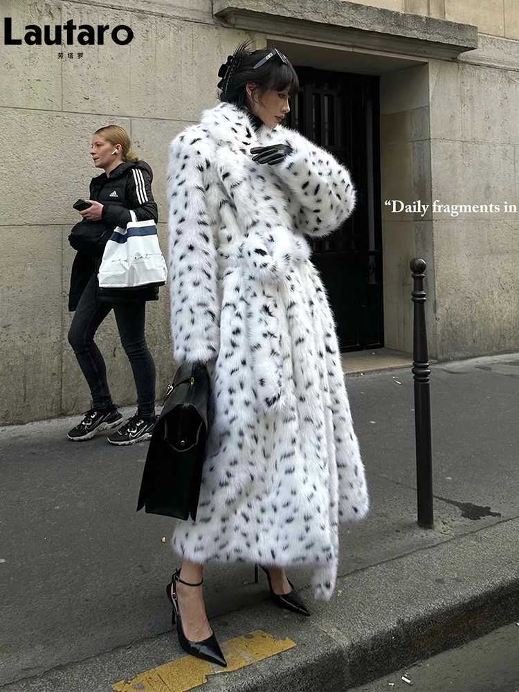 Lautaro Winter Extra Long Thick Warm Colorful Polka Dot Soft Fluffy Faux Fox Fur Coat Women Sashes Loose Furry Overcoat 2023 J251124