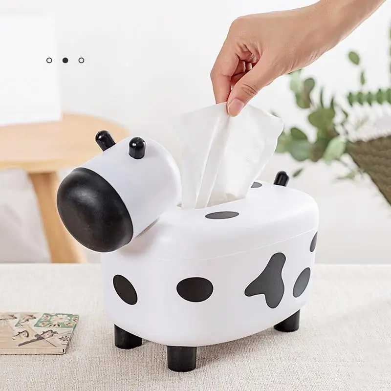 2 In 1 Tissue Box Holder With Toothpick Dispenser Cow Shaped Desktop Paper Organizer Napkin Storage Box Home DecorationM251124