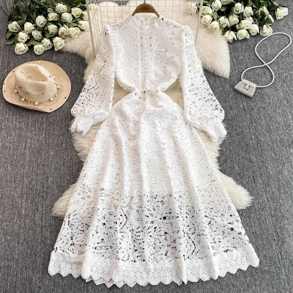 2025 Spring Hollow Out Flower Embroidery White Lace Party Dress For Women's Long Sleeve Midi Dresses Evening Wedding Vestidos