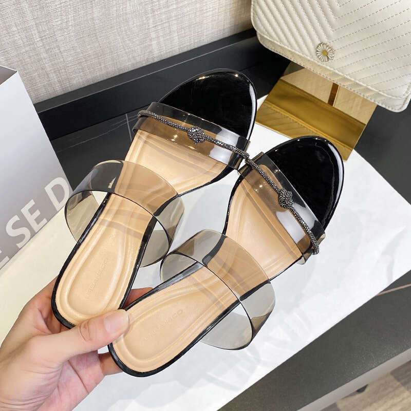 Woman Sandals Round Headed Transpart Rhinestone High Heeled Shoes With A Straight Line Cooldown Summer New Style Net Infrared Wearing Sexy Slippers Sa