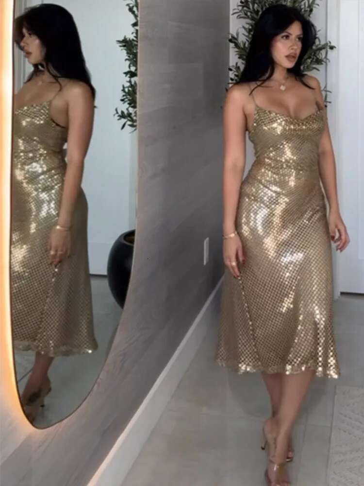 Backless Sequin Halter Maxi Dress Women Sexy V-Neck Long Dresses Female High Waist 2024 Party Evening Club Lady Sleeveless Robes