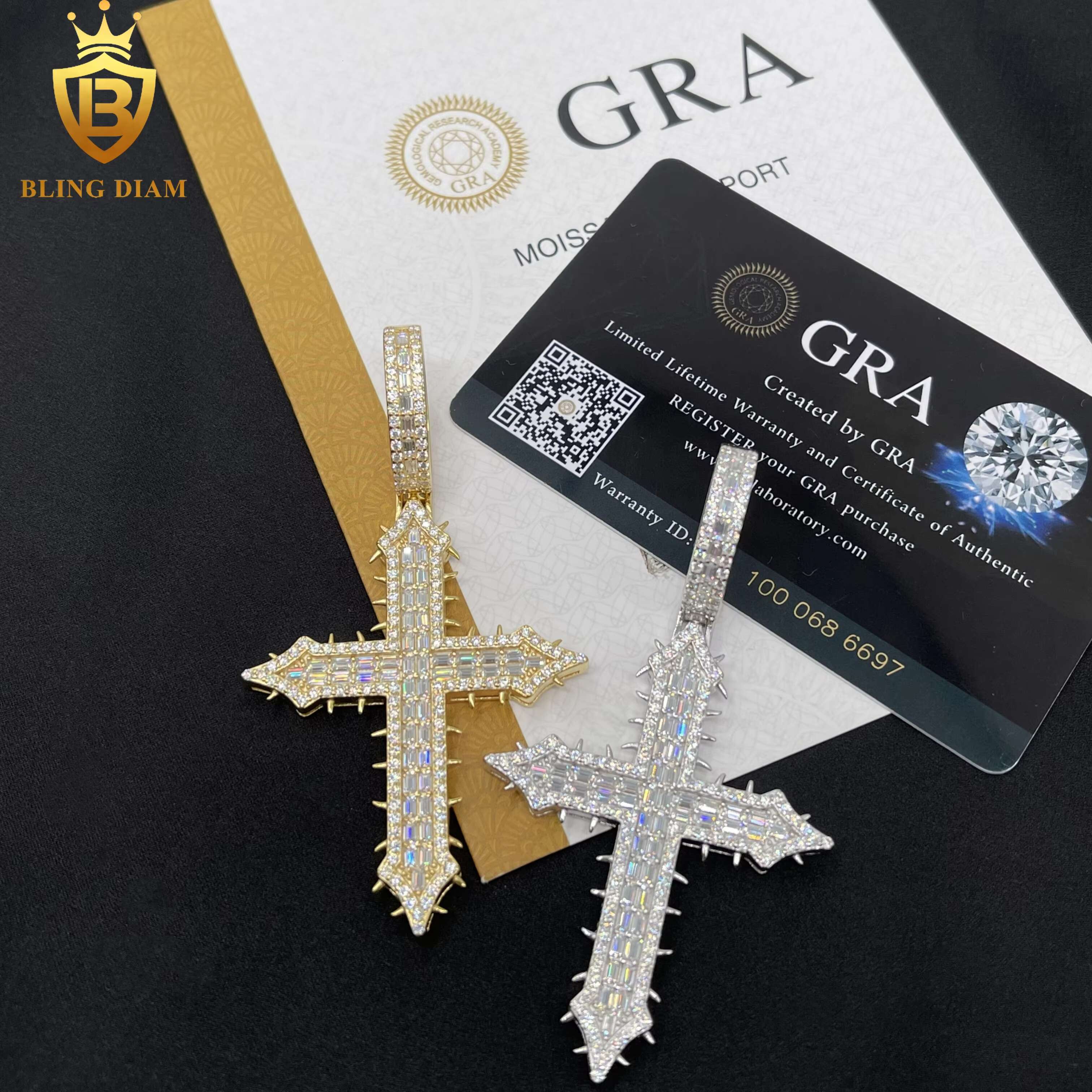 New Custom Hip Hop Jewelry Thorns Cross Pendant Necklace VVS Moissanite 925 Sterling Silver Stainless Steel