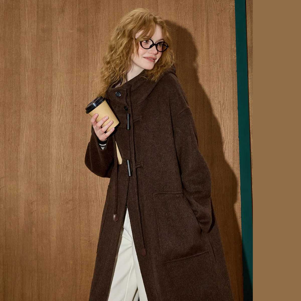 Womens Retro Maillard Color Wool Blend Hooded Coat Women Winter Mid Long Drawstring Trench Coat A Chic And Elegant Outerwear J251124