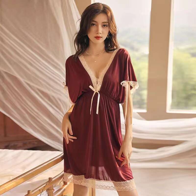 Women's Sexy Breathable Summer Evening Lingerie Non-Slip Off-The-Shoulder V-Neck Lace Dresses Knee Length