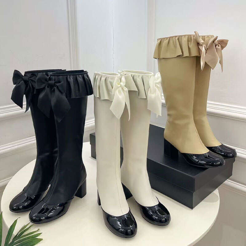 High quality Bow Fashion Chunky heel Knee boots Knight Boots High heeled long boots Real leather slip on shoes Zipper Luxury designer tall boots party shoes box