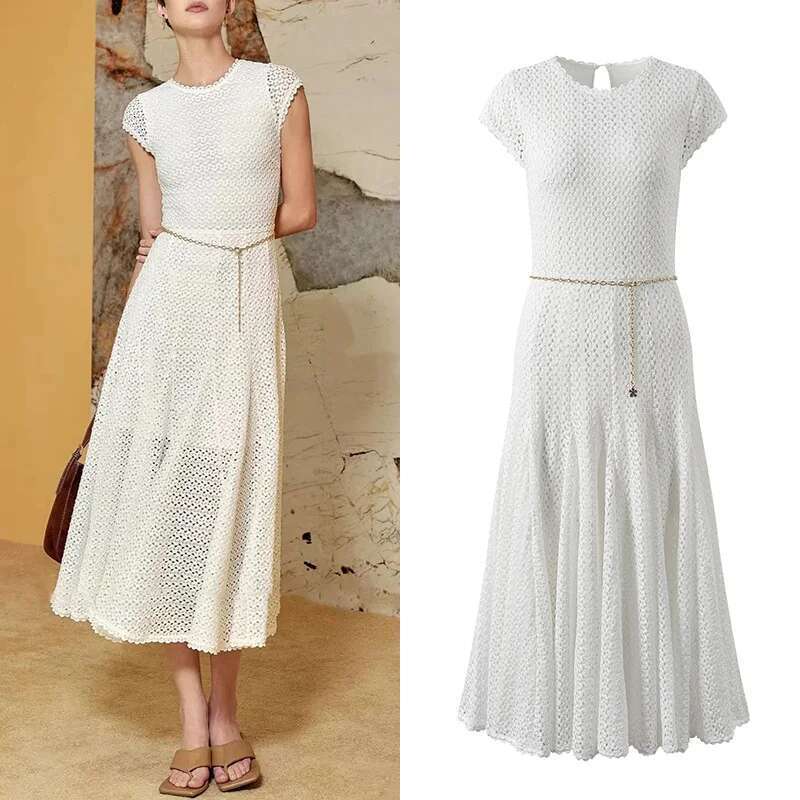 Designer Women's Clothing White Hollow Dress With Temperament And Fashionable Commuting Long + Short Skirt Gentle Style 2025 Summer New M Party