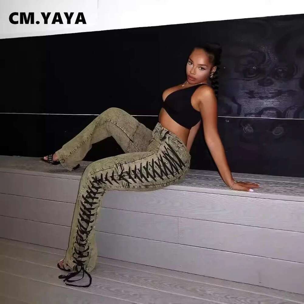 Cm.Yaya Women Streetwear Cutout Side Lace Up Cargo Pencil Denim Wide Leg Jeans Pants 2024 Fall Casual Fashion Holiday Trousers