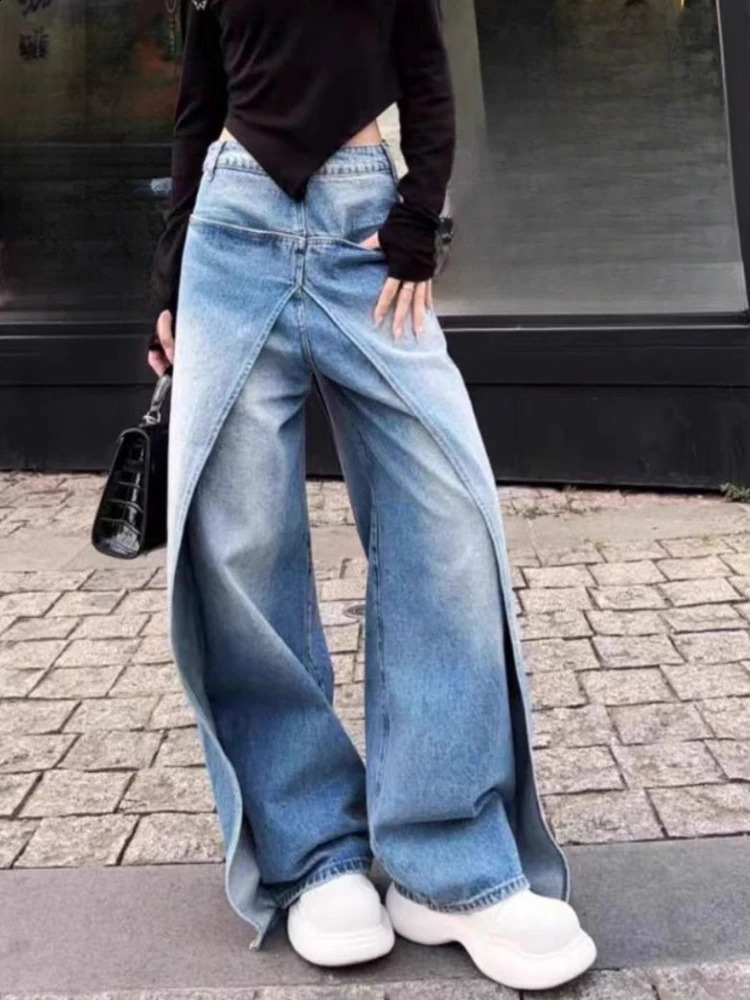Womens jeans American washed retro pain pants 2025 reversible deconstruction n loose weight loss wide leg Y2K 250417