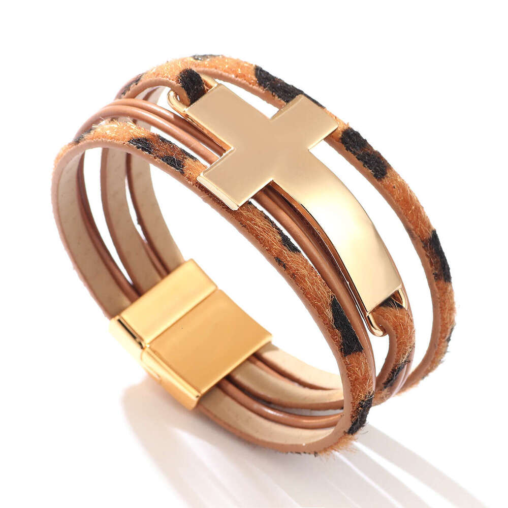 Hot selling Multi layer Leather Wide Edge Personalized Cross Couple Handpiece Magnetic Buckle Bracelet