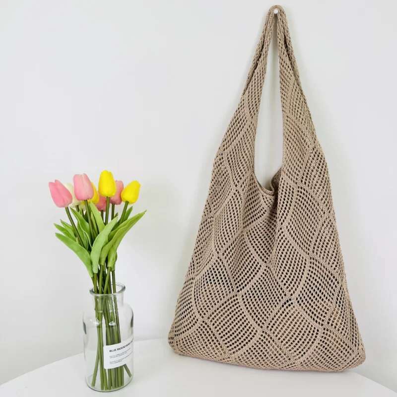 Fashion Hollow Design Woven Women Shoulder Knitted Large Capacity Handbag Summer Travel Tote Casual Beach Bag