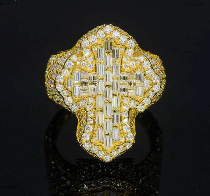 Fine jewelry iced out hip hop cuban gold plated sterg sier vvs moissanite dia ring for men