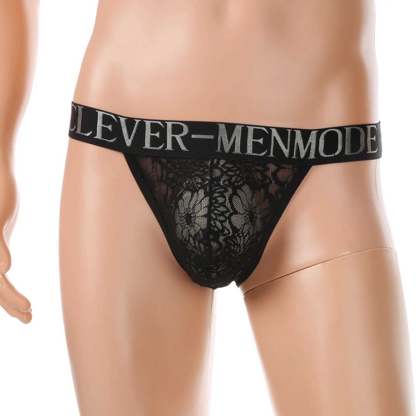 CLEVER-MENMODE Mens Sexy Underwear Lace Penis Pocket Underwear Mini Underwear High Cut Transparent Underwear Wide Belt M250424
