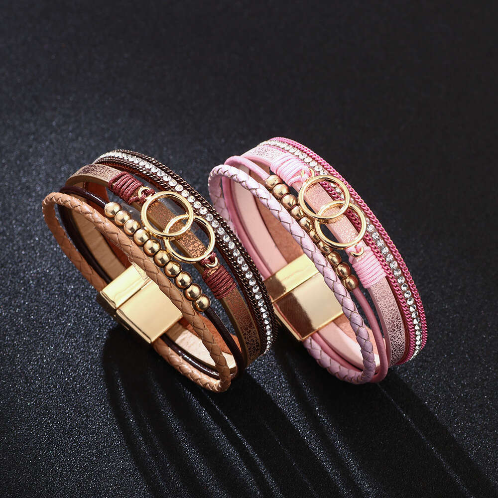 2025 New Product PU Colorful Ring Gold Beads Handmade Weaving Leather Strap Bracelet Campus Fashion Style Jewelry