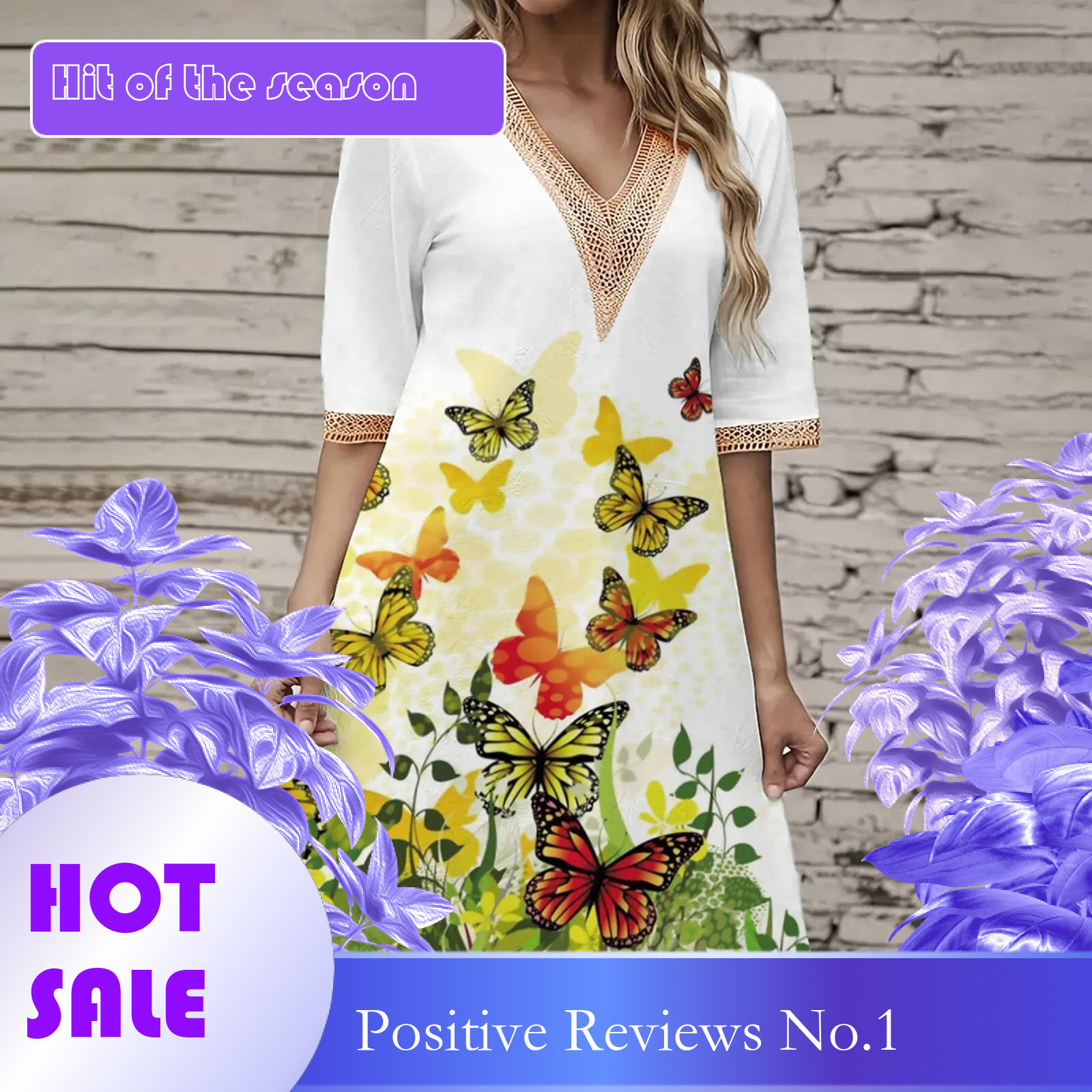 Dongdumaoyi Butterfly Print Women S Bohemian Dress New Spring Summer Lace V Neck Loose Swing Short Sleeved A Line Robe