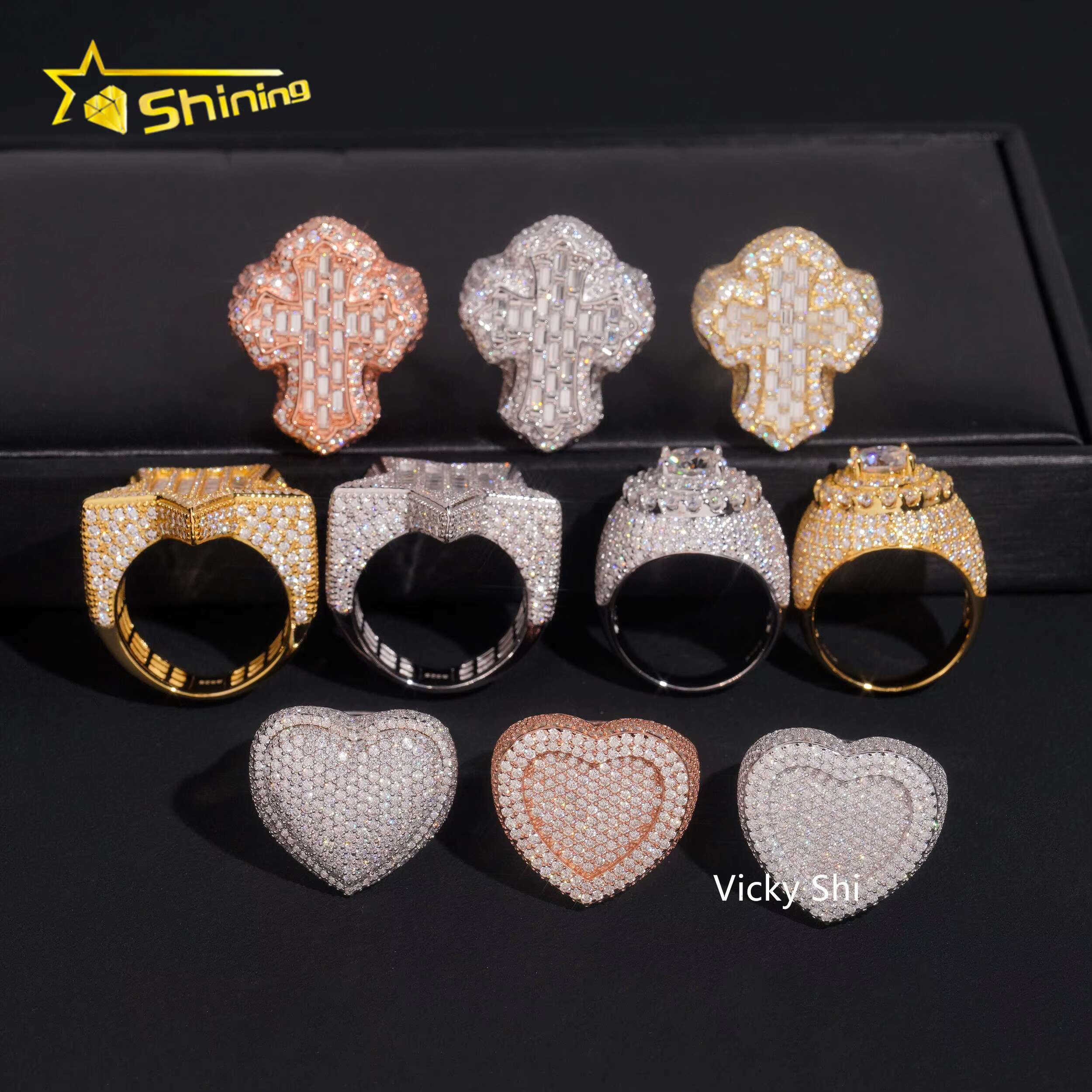 Hip Hop Jewelry 925 Sterling Silver VVS Moissanite Ring Men Iced Out Cross Heart Star Shape Rings Collection Rings Daily Wear